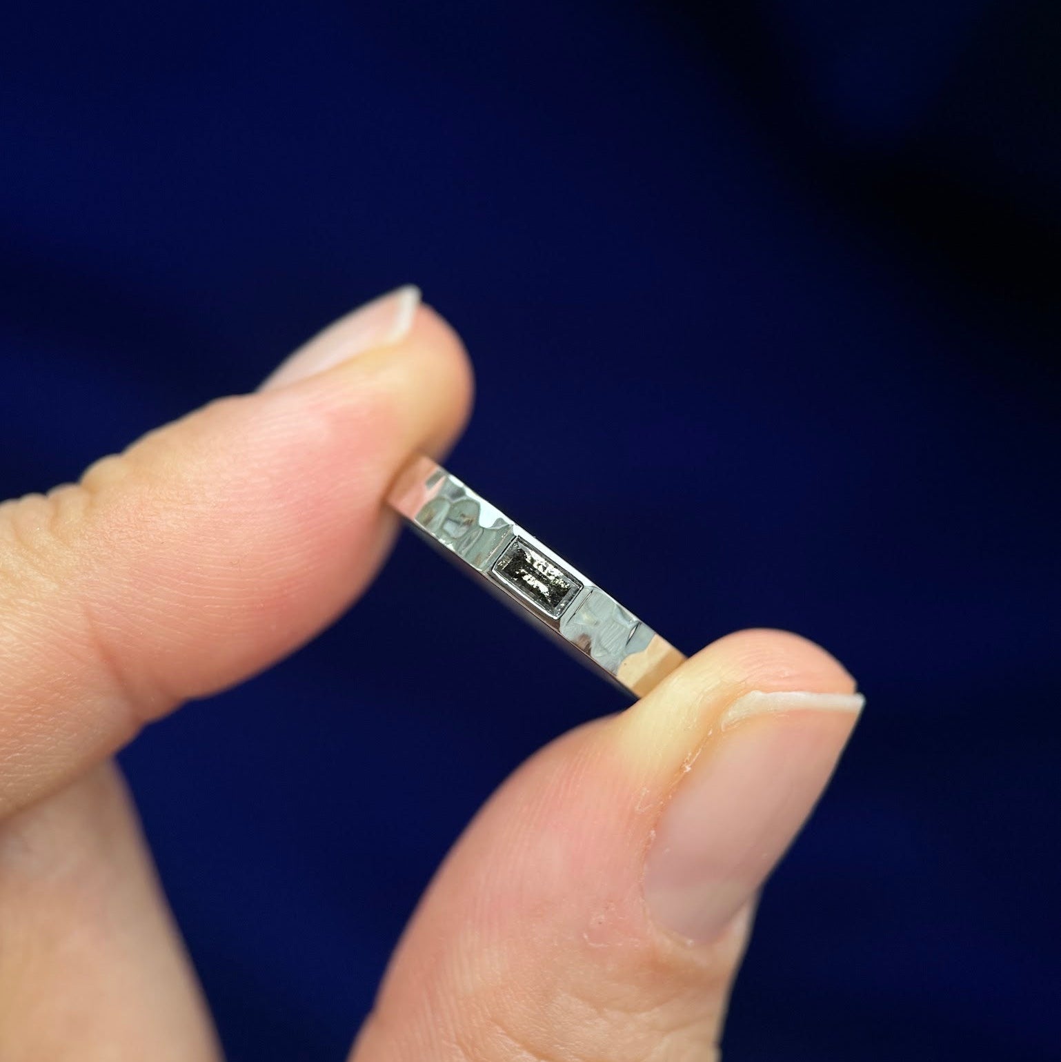 950 Platinum Horizontally Flash Set Baguette Salt and Pepper Diamond on Custom 3mm Industrial Hammered Band