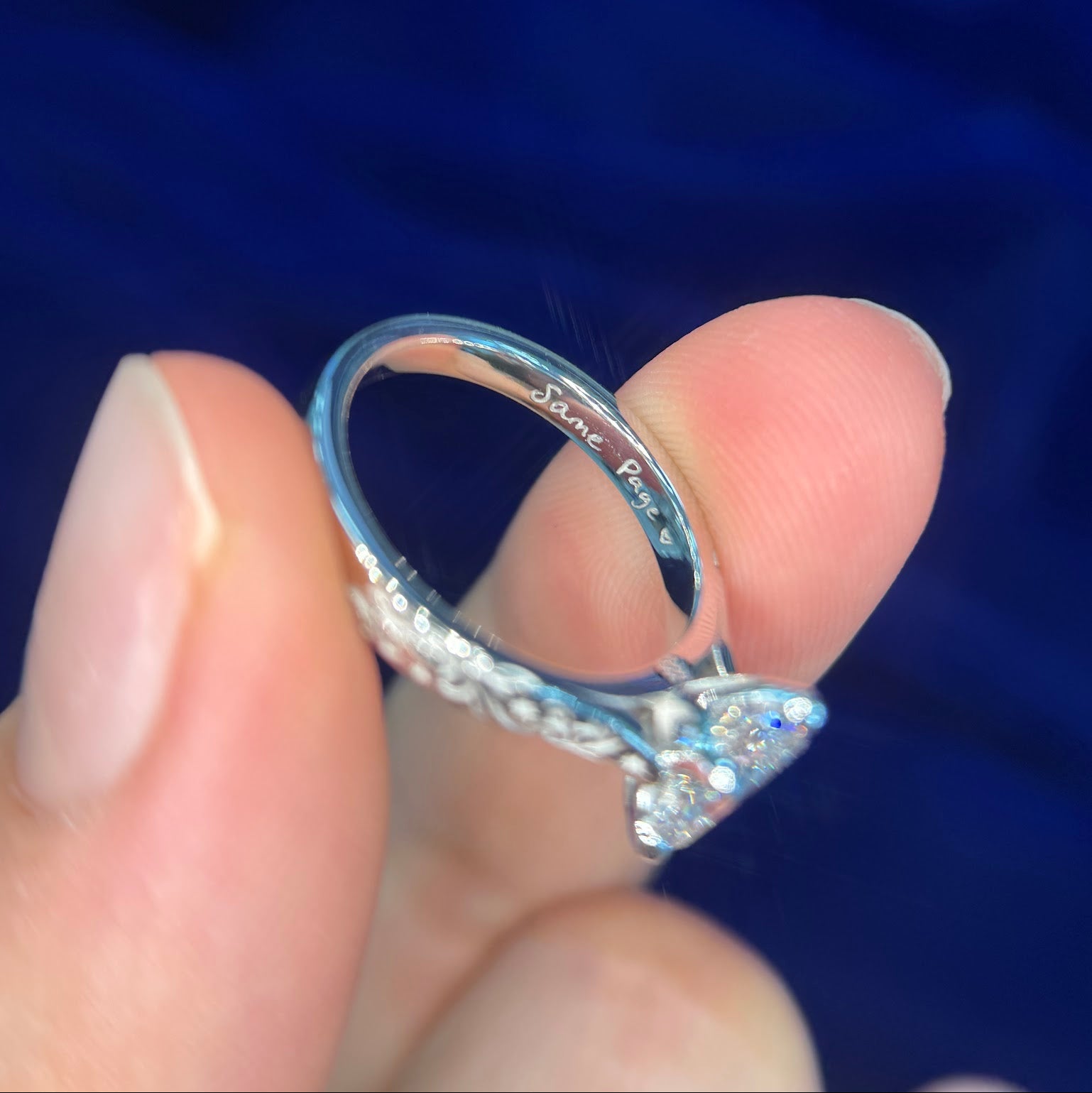 950 Platinum Petal Set Barion Oval Lab Diamond on Band Engraved with Stars and Leaves and Handwriting Custom Ring
