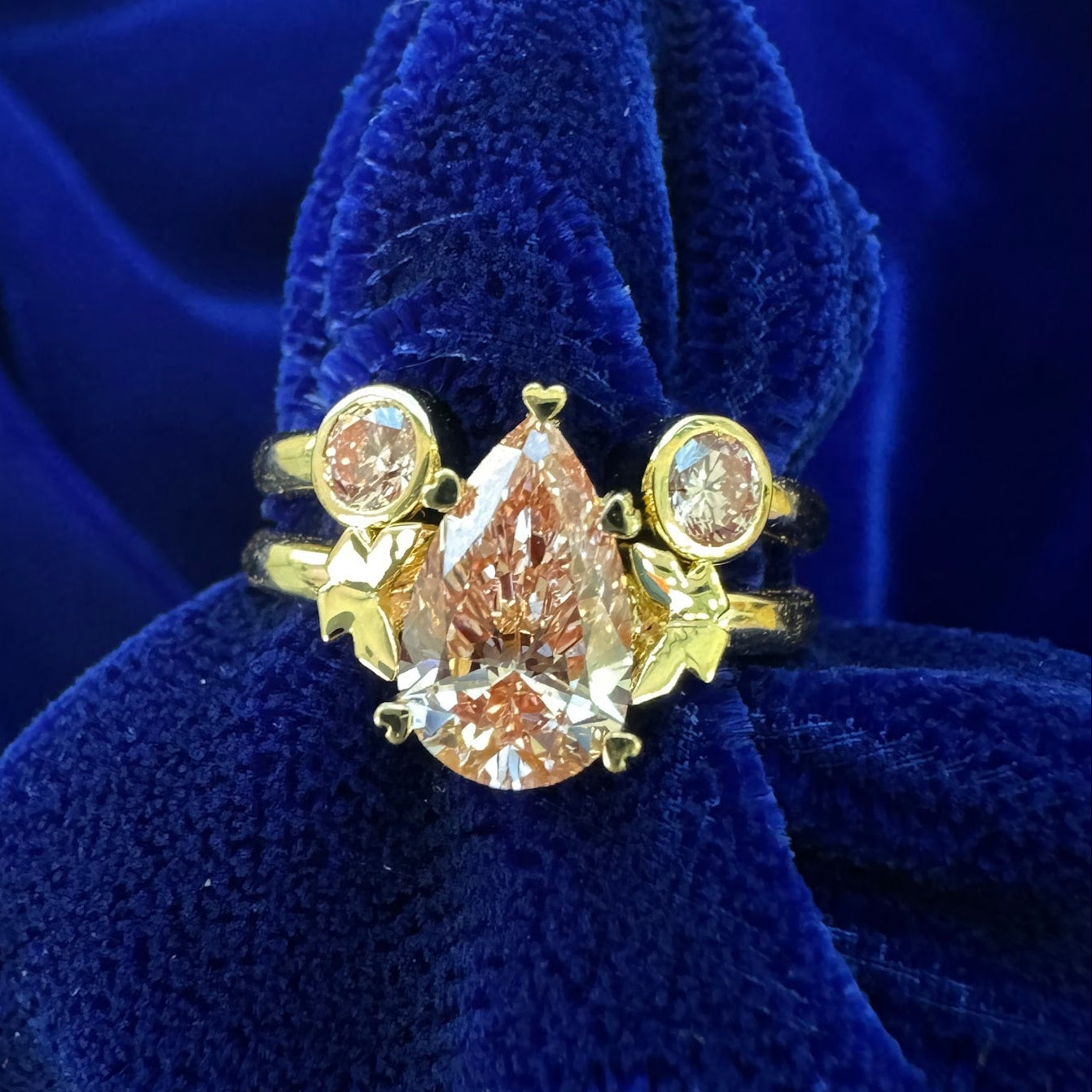 18k Yellow Gold Heart Prongs Set Pink Pear Lab Diamond with Pink Sapphire Hidden Halo and 3D Butterflies with Custom Cuff Nesting Band Rings Set