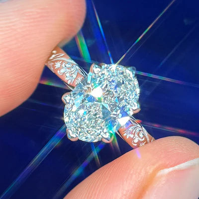 950 Platinum Petal Set Barion Oval Lab Diamond on Band Engraved with Stars and Leaves and Handwriting Custom Ring