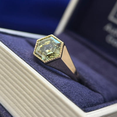 14k Yellow Gold and Low-bezel-set 3ct Hexagon Dark Green Lab Diamond on Tapered Signet Custom Ring, size 7