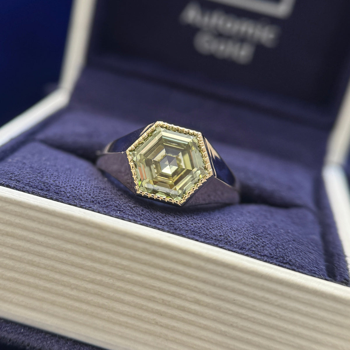 14k Yellow Gold and Low-bezel-set 3ct Hexagon Dark Green Lab Diamond on Tapered Signet Custom Ring, size 7