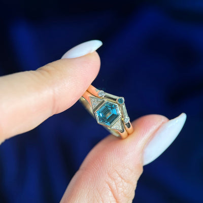 14k Yellow Gold Bezel Set Light Blue Hexagon Custom Grown Lab Diamond with Triangle White Diamonds on Tapered Band Custom Ring