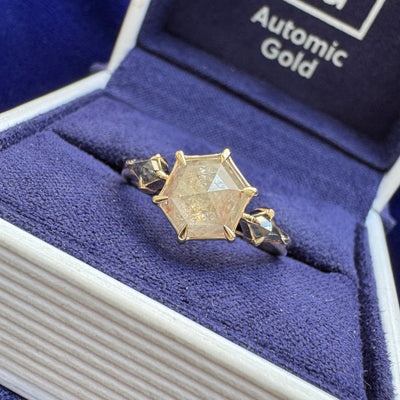 14k Yellow Gold Claw-prongs-set 1.65ct Hexagon White Salt-and-pepper Diamond with 2pc Dark Kite Diamonds on 2mm Mix Mirror Band Custom Ring