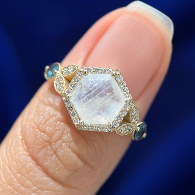 14k Yellow Gold with 5mm Round Cabochon Moonstone in Hexagon Setting with Pave Lab Diamonds and 0.30ct Oval Sapphires Custom Ring, size 7