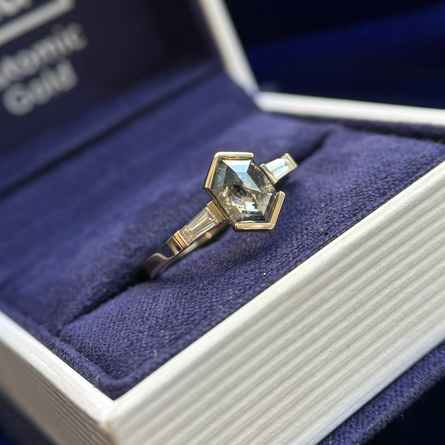 14k Yellow Gold with V-prongs-low-set Customer's Hexagon 0.90ct 8.23x5.44x2.46mm Salt-and-pepper Diamond and 2pc Tapered Baguettes Lab Diamonds Custom Ring, size 5.75