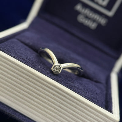 950 Platinum Bezel-set 3x2.6mm Hexagon Salt and Pepper Diamond on 1.7mm Chevron Band Stacking with Ring, Size 4.5