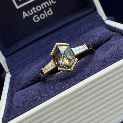14k Yellow Gold with V-prongs-low-set Customer's Hexagon 0.90ct 8.23x5.44x2.46mm Salt-and-pepper Diamond and 2pc Tapered Baguettes Lab Diamonds Custom Ring, size 5.75