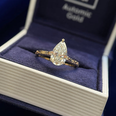 14k Yellow Gold with Hidden Filigree 1.5ct Pear Lab Diamond with 2 Round Lab Diamonds on 2mm Filigree Band Custom Ring, Size 7