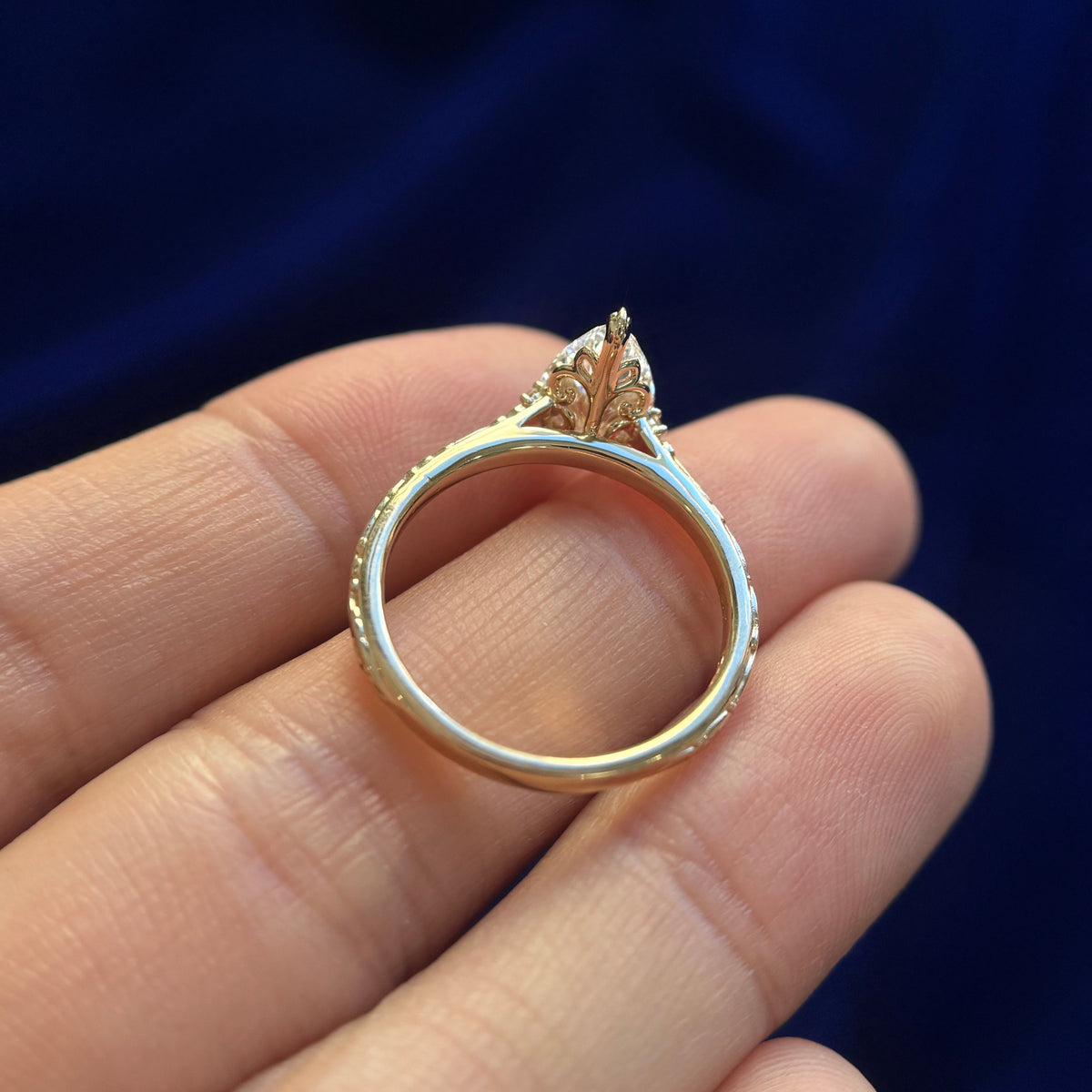 14k Yellow Gold with Hidden Filigree 1.5ct Pear Lab Diamond with 2 Round Lab Diamonds on 2mm Filigree Band Custom Ring, Size 7