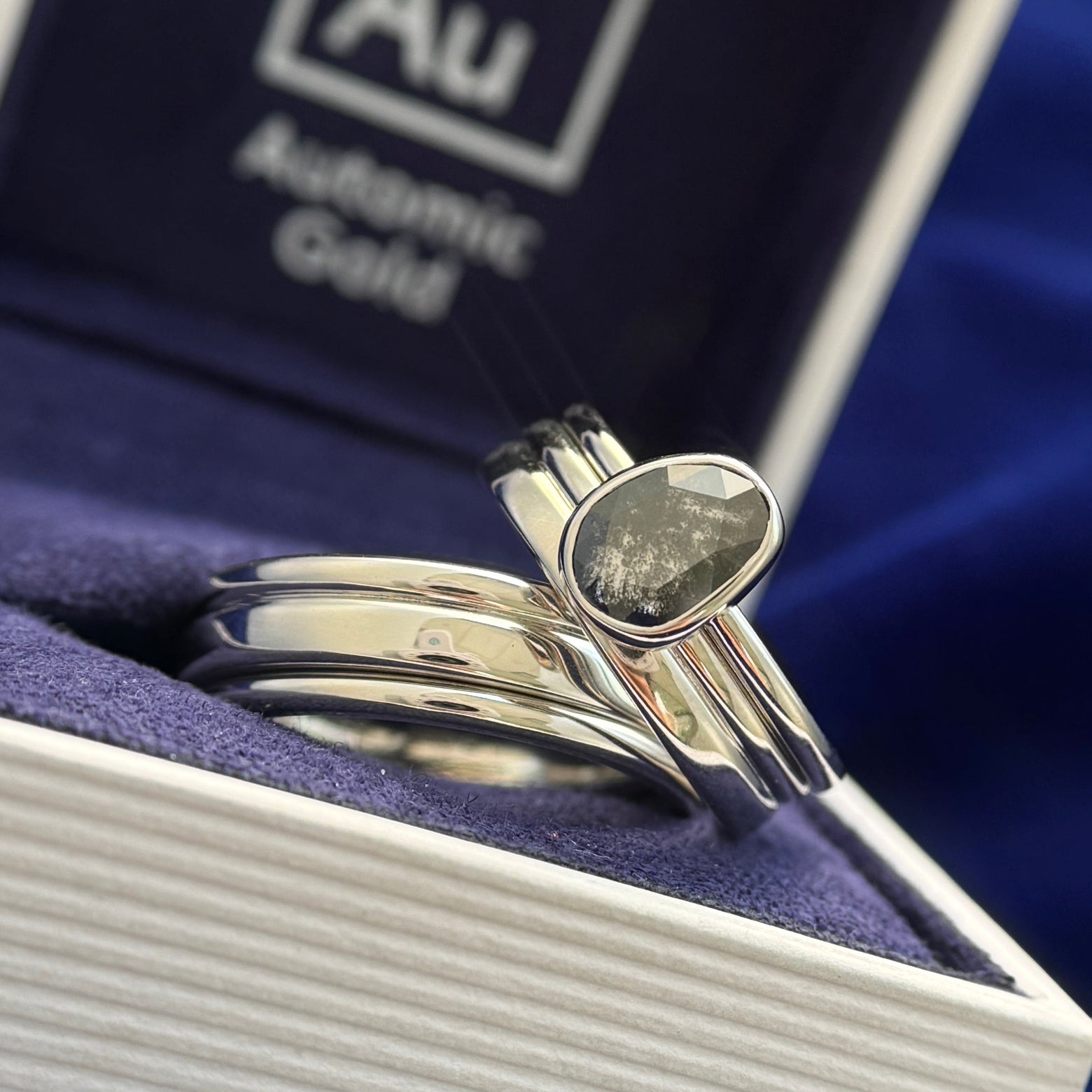 950 Platinum and Freeform Shape 1ct Lab Salt-and-pepper Diamond Custom Couple Matching Engagement and Wedding Bands Rings, size 6 and 9