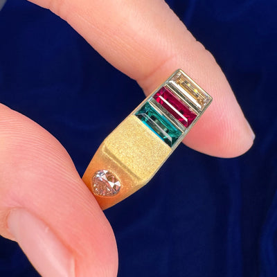 22k Yellow Gold 6x3mm Baguette Lab Emerald with Lab Ruby and Lab Diamond on Rectangular Custom Signet Ring