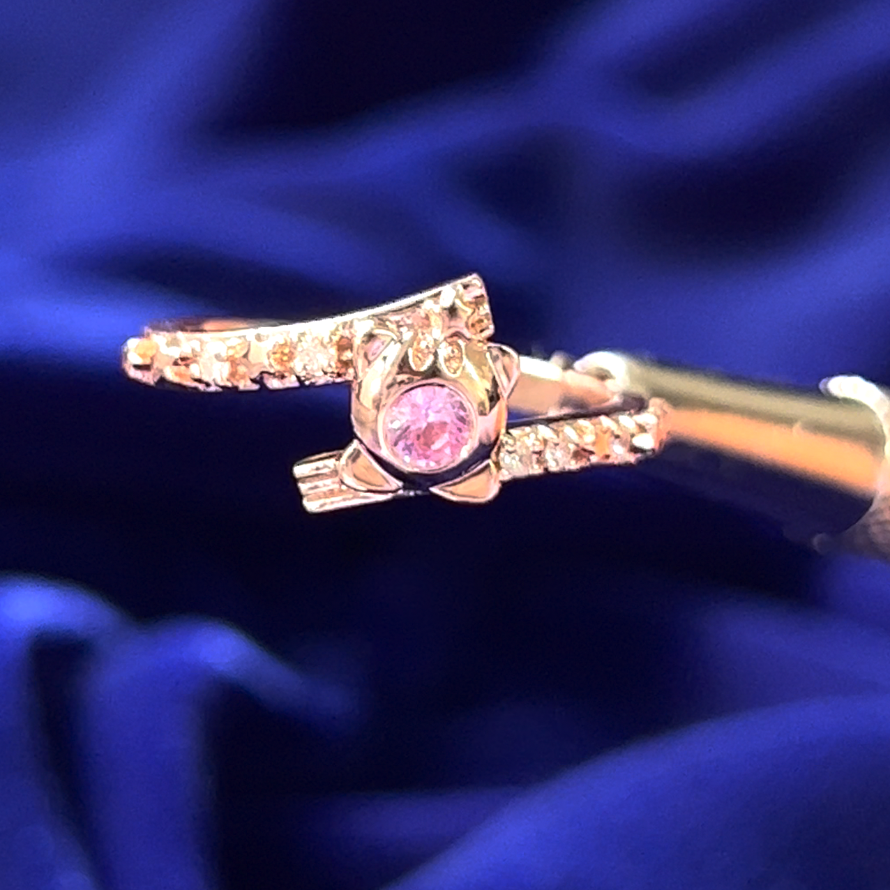 14k Rose Gold with Pink Sapphire and Diamonds and Stars on the band Kirby Inspired Custom Engagement Ring