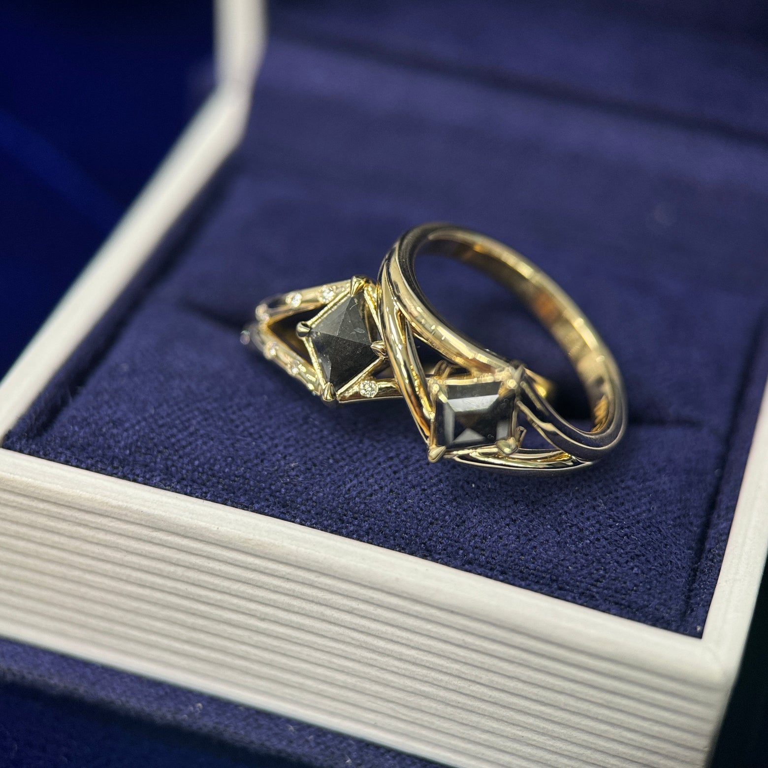 14K Yellow Gold & Salt & Pepper Kite Diamond with Small White Diamonds Flush set into Split Shank Band Custom Ring & Salt and Pepper Diamond Kite Ring 
