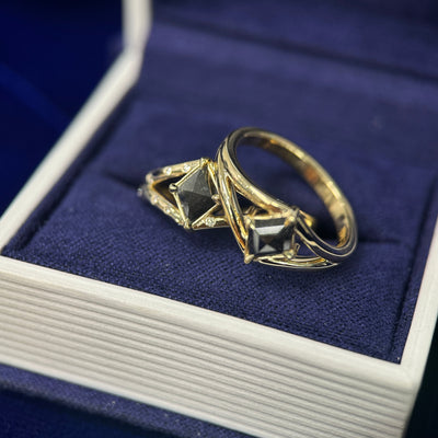 14K Yellow Gold & Salt & Pepper Kite Diamond with Small White Diamonds Flush set into Split Shank Band Custom Ring & Salt and Pepper Diamond Kite Ring 