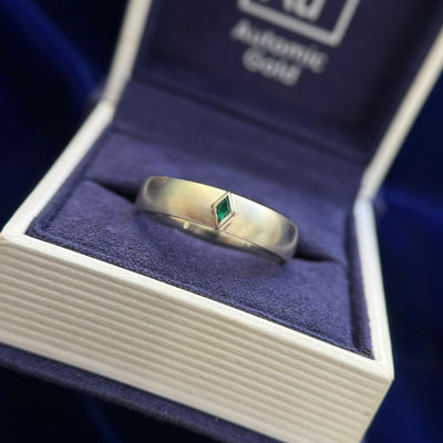 14k Champagne Gold Bezel-set Kite Lab Emerald on 5mm Curvy Matte Band Custom Ring, Size 10.25