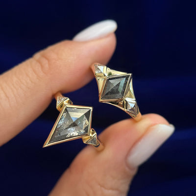 14k Yellow Gold with 2.80ct Kite and 1ct Lozenge Salt-and-pepper Diamond with Accent Triangle and Kite Diamonds Custom Couple Matching Engagement Rings Set, size 5.5 both
