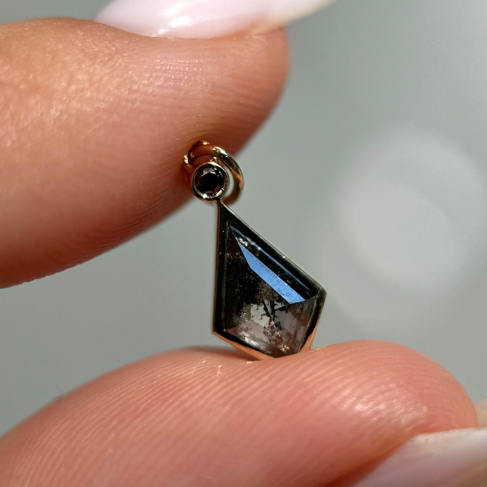 14k Yellow Gold & Bezel-open-set 0.78ct Kite Salt and pepper Diamond & Small Brown Round Diamond Custom Pendant with wire 4mm dangling bail