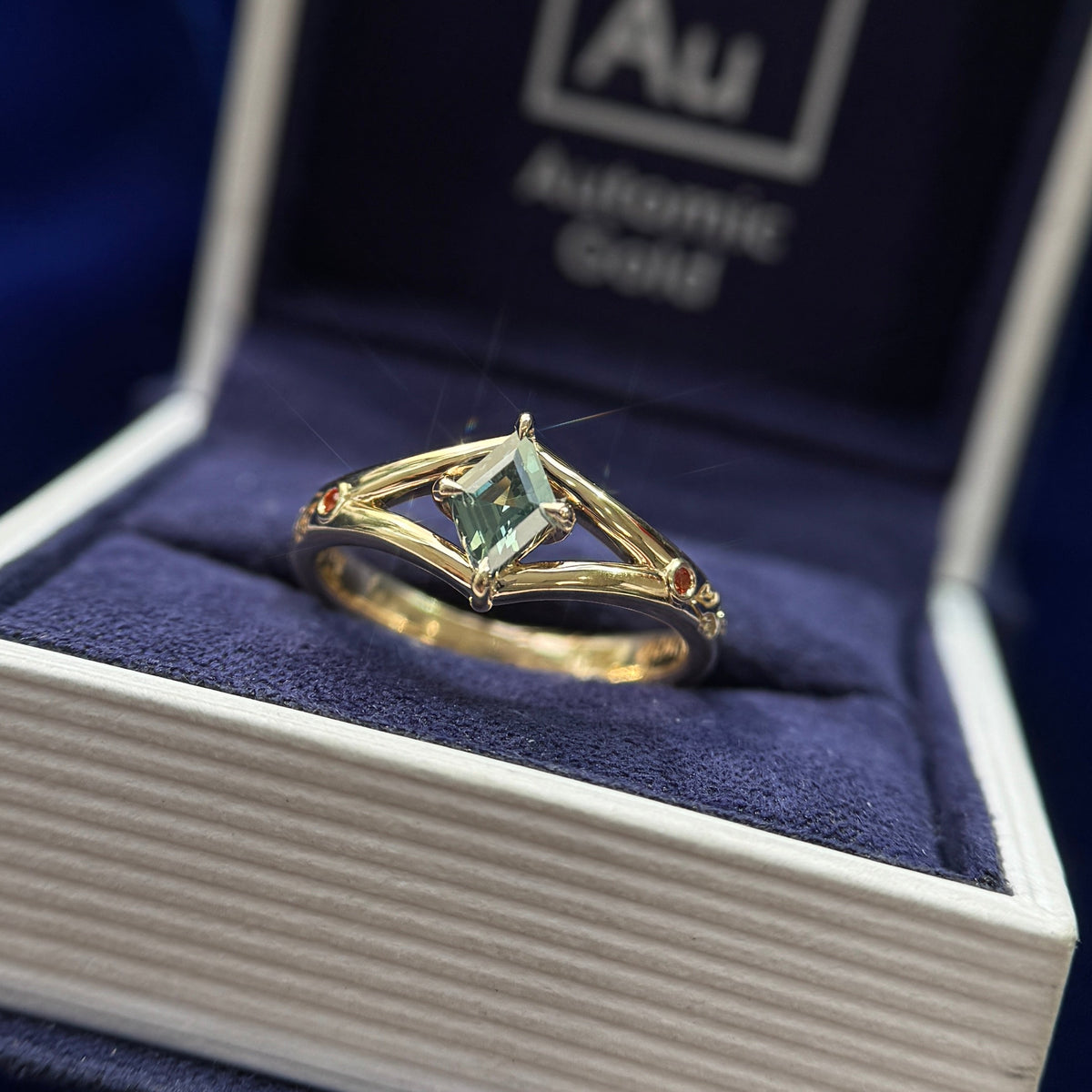 14k Yellow Gold 0.65ct Kite Blue Green Natural Sapphire with 2pcs Round Blue Sapphires on Split Branches and Blueberry Leaves Band Custom Ring, Size 7.25