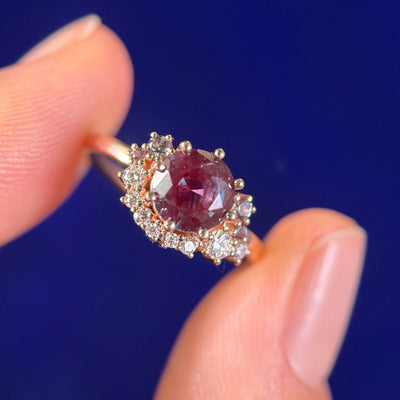 14k Rose Gold and Engraved-bezel-set 7mm Round Lab Alexandrite with Cluster of Moissanites and Lab Alexandrites on 1.7mm Mix Mirror Band Custom Ring, size 6