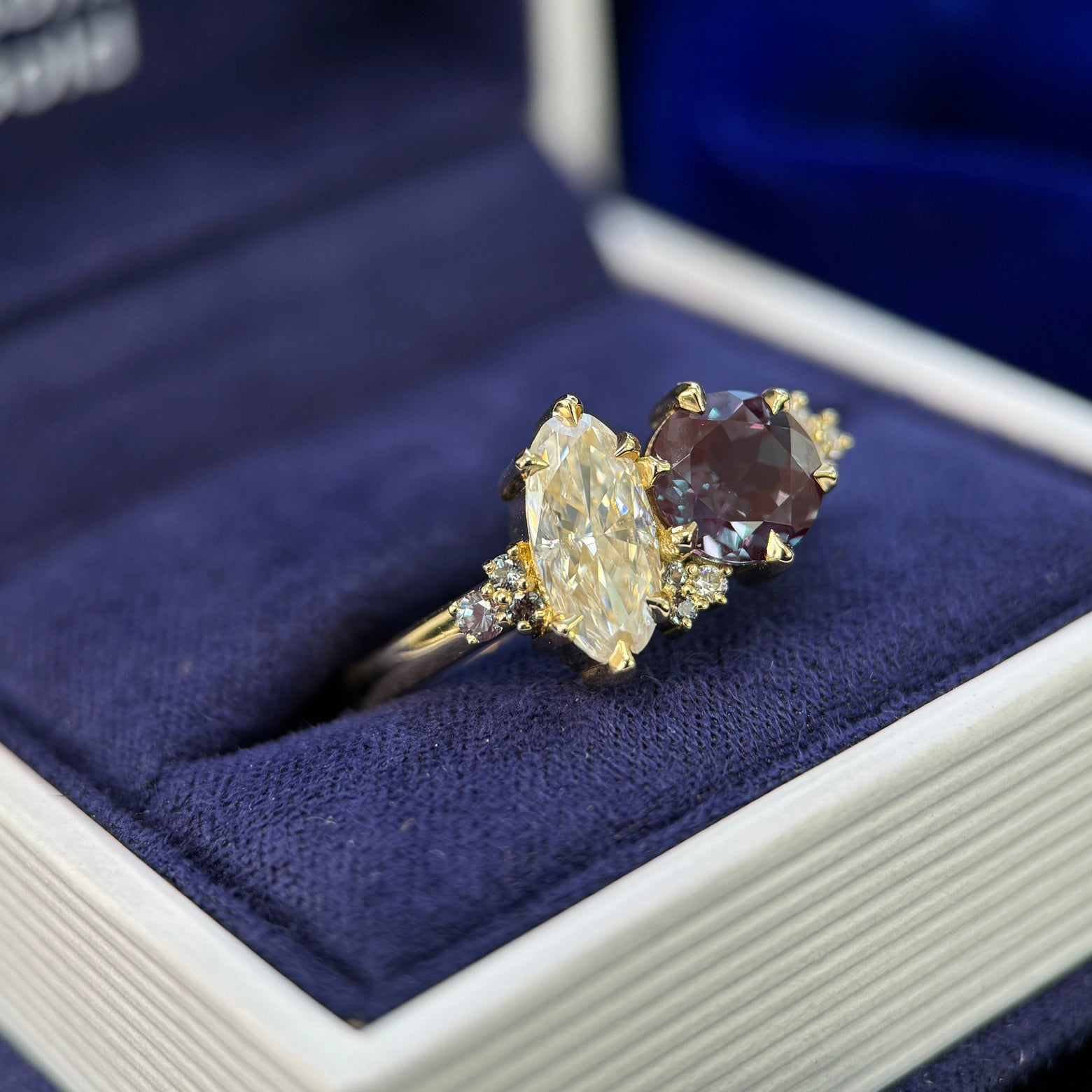 18k Yellow Gold Claw-Prongs-set 7mm Round Lab Alexandrite & Custom-grown 10x5mm Oval Moissanite w/ Alexandrites & Moissanites Cluster Custom Moi et Toi Ring
