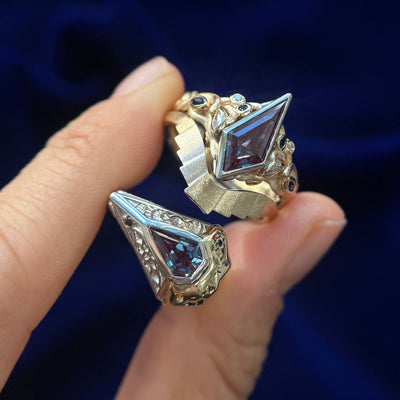 14k Yellow Gold and 950 Platinum with Lab Alexandrites Antler Inspired with Art Deco Band and Futuristic Inspired Custom Couple Rings Set, size 4 and 9