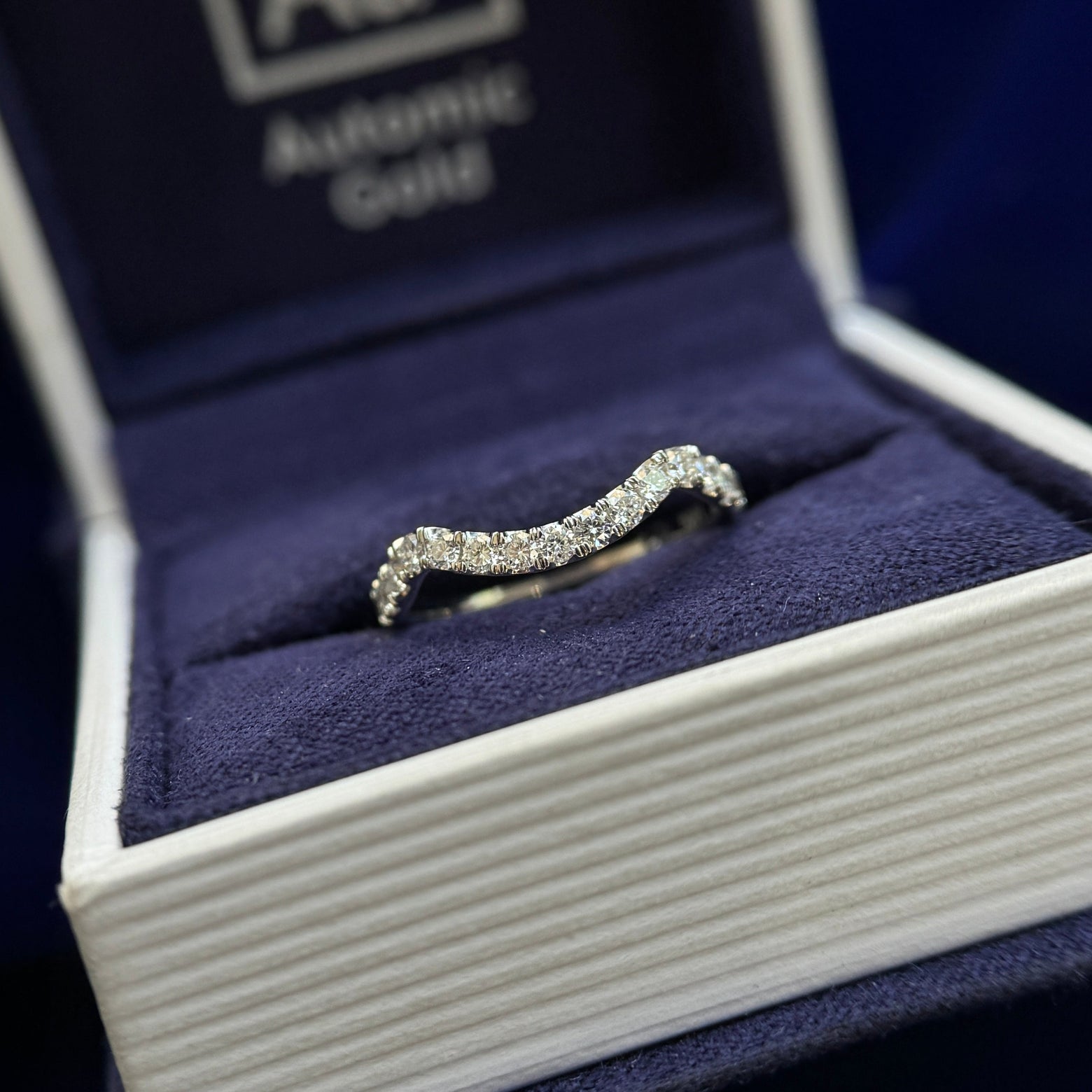 950 Platinum Pave Lab Diamonds Halfway Around Pinched Nesting Band Custom Ring, Size 6.75 and 14k White Gold Pave Lab Diamonds on Curved Band Stacking Custom Ring , Size 5.25