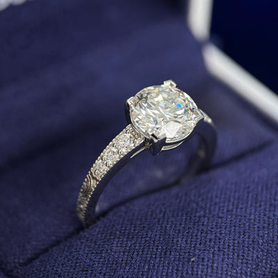 950 Platinum with 2ct E VVS Round Lab Diamond with 6 Small Lab Diamonds On Filigree Band Custom Ring, size 6.5