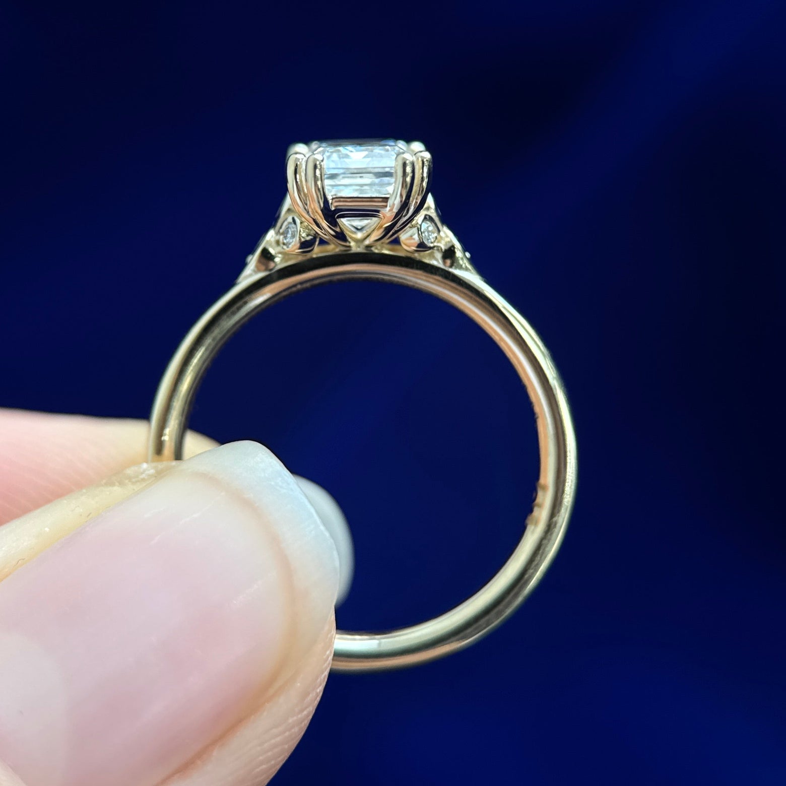 14k Yellow Gold with High-set 1.25ct Emerald-cut Lab Diamond with 8pc Diamonds Under on Plain 2mm Mix Mirror Band Custom Ring, size 5