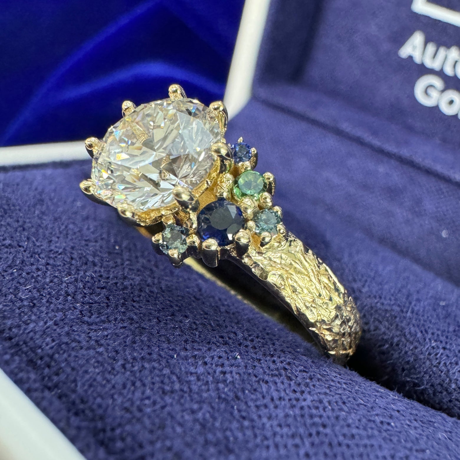 14k Yellow Gold Prongs-set 1.50ct D/VS 7.3mm Round Lab Diamond w/ Blue/Teal/Green Sapphires Cluster on 3.5mm Mix Mirror Band Custom Ring