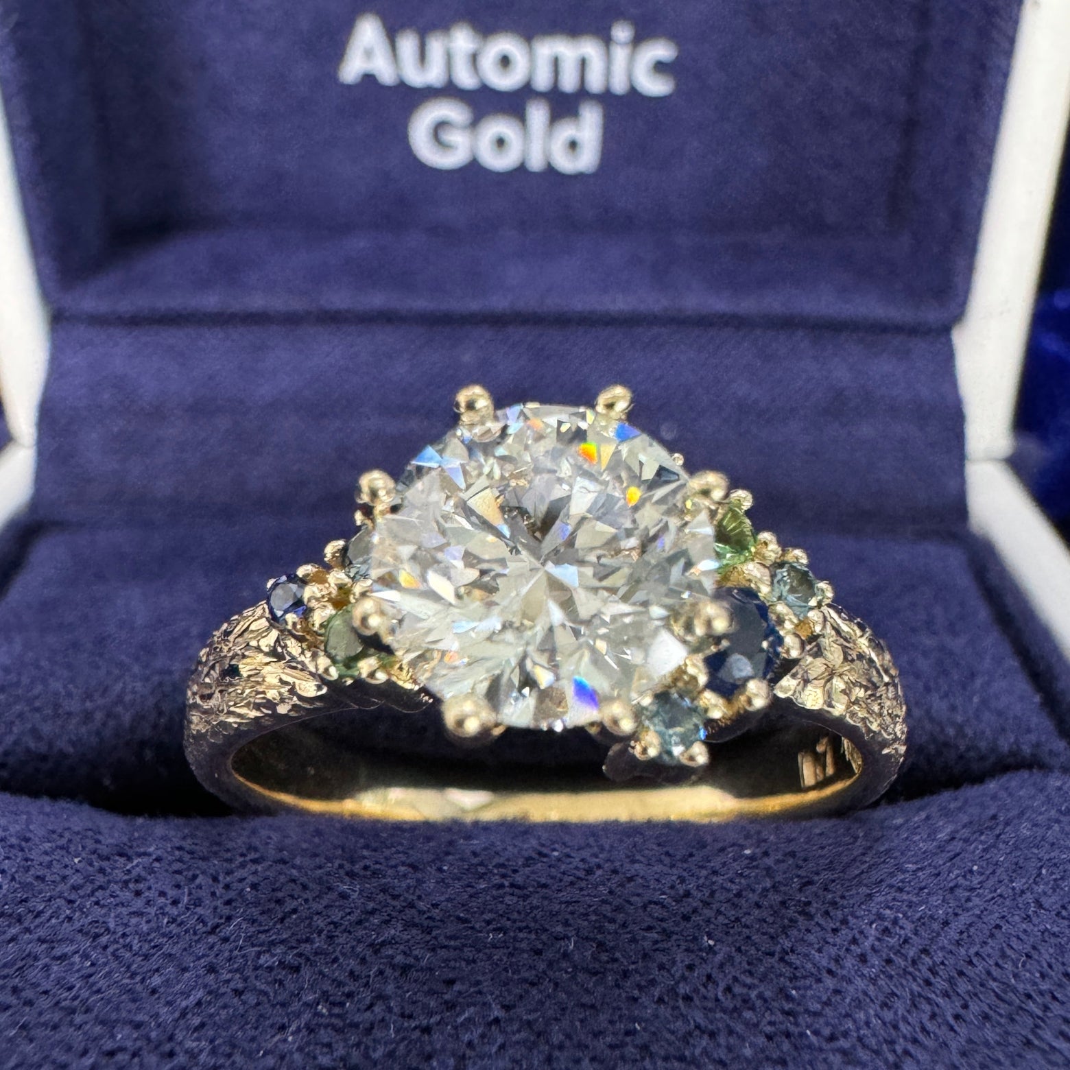  14k Yellow Gold Prongs-set 1.50ct D/VS 7.3mm Round Lab Diamond w/ Blue/Teal/Green Sapphires Cluster on 3.5mm Mix Mirror Band Custom Ring