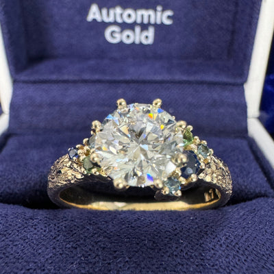  14k Yellow Gold Prongs-set 1.50ct D/VS 7.3mm Round Lab Diamond w/ Blue/Teal/Green Sapphires Cluster on 3.5mm Mix Mirror Band Custom Ring