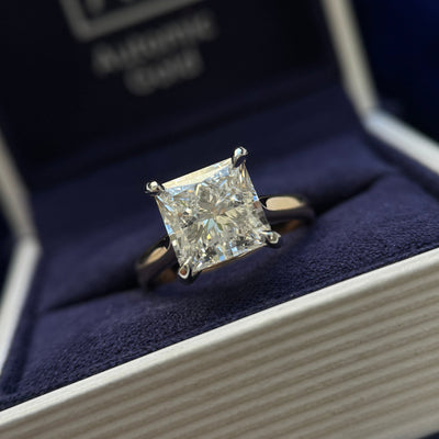 950 Platinum Claw-prongs-cathedral-set Clients 3.52ct Princess-cut Lab Diamond on 14k Yellow Gold 2.5mm Curvy Band with Blue Sapphires Flush-set Inside, Engraved Inside, Size 5.25