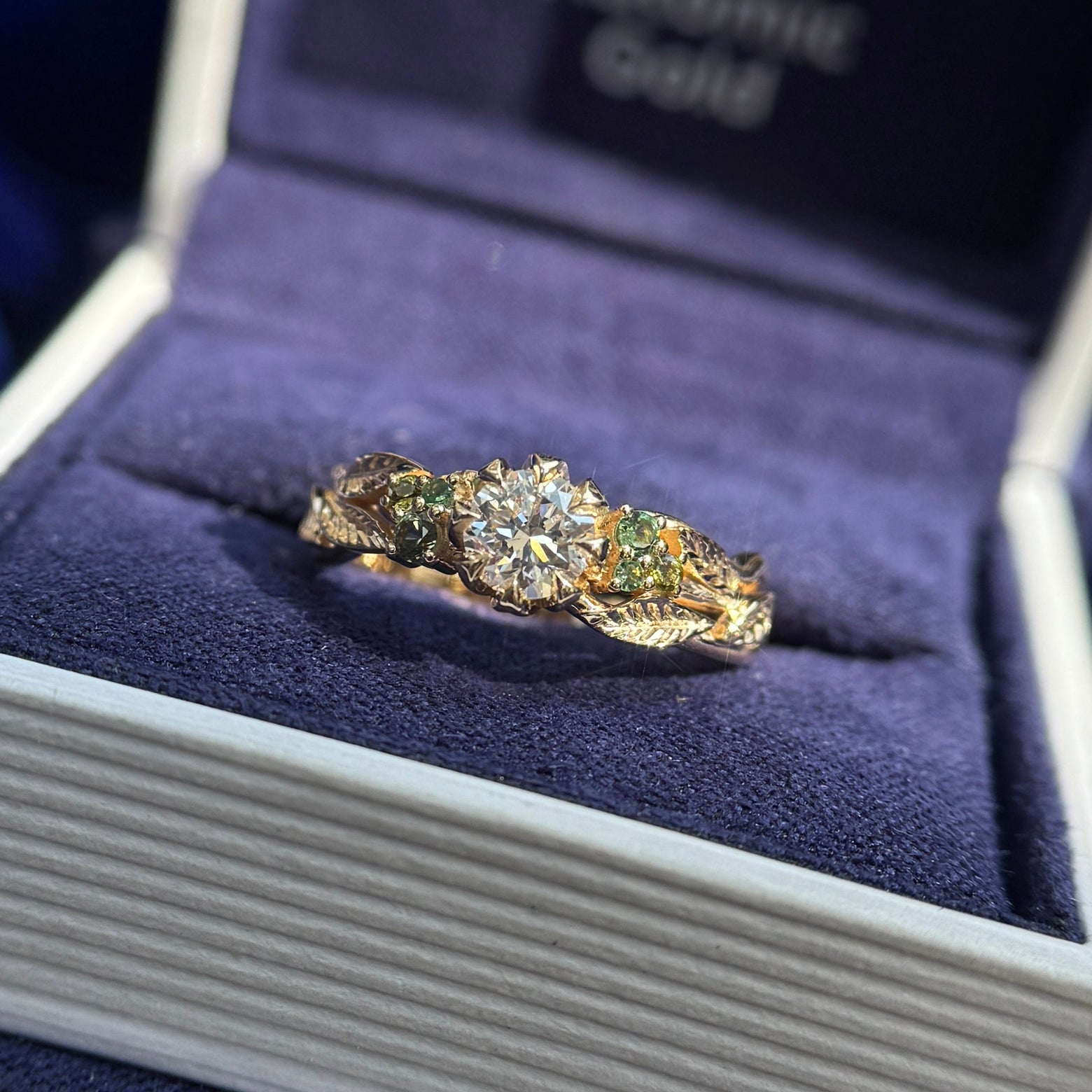 14k Yellow Gold and 5mm Round Lab Diamond with Green Sapphires Cluster Leaves and Vines Custom Ring, size 6.25