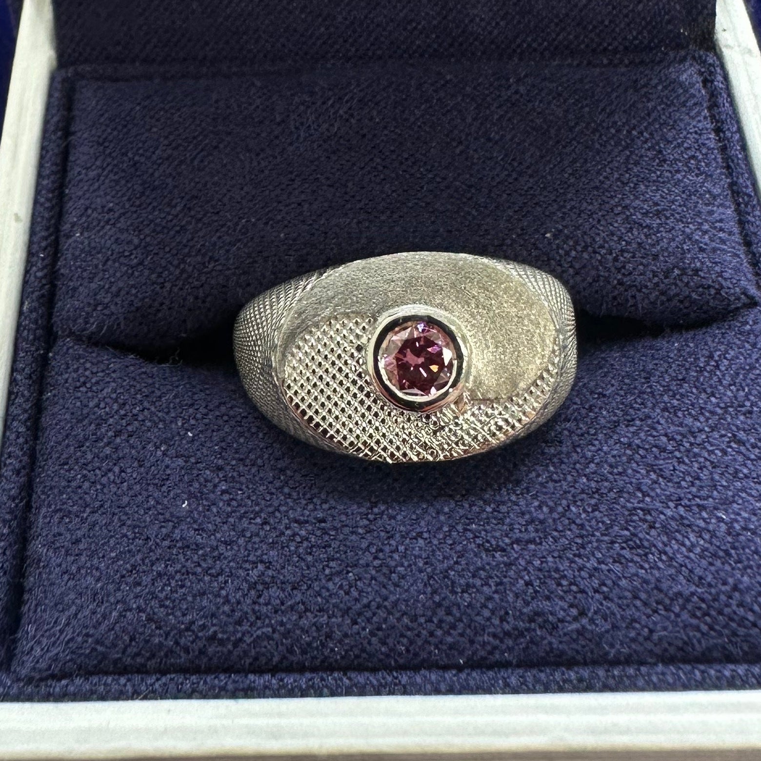 14k white gold and 4mm round purple lab diamond ying yang textured custom signet ring