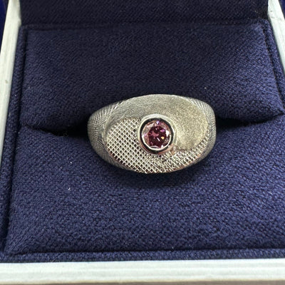 14k white gold and 4mm round purple lab diamond ying yang textured custom signet ring