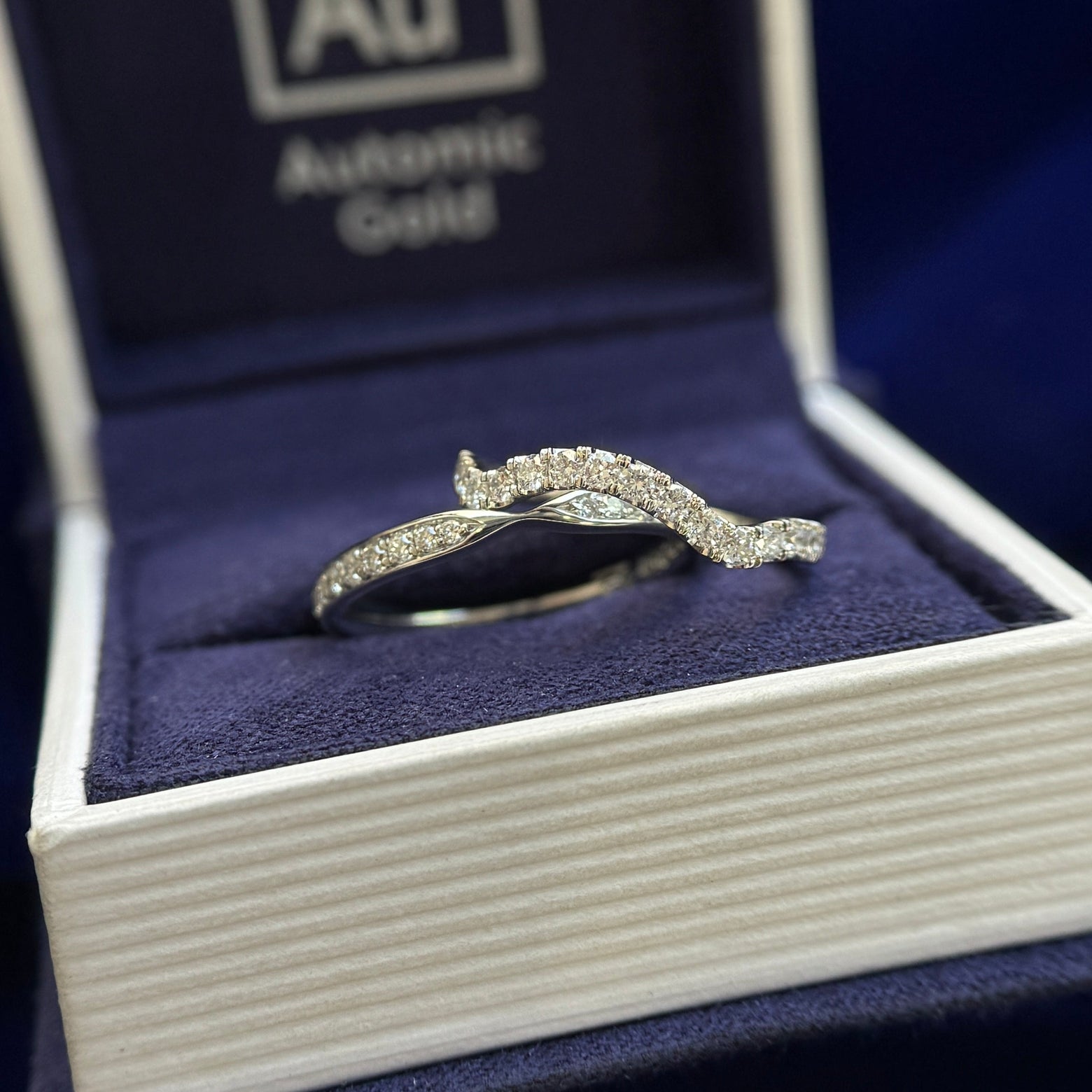 950 Platinum Pave Lab Diamonds Halfway Around Pinched Nesting Band Custom Ring, Size 6.75 and 14k White Gold Pave Lab Diamonds on Curved Band Stacking Custom Ring , Size 5.25