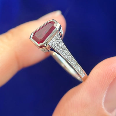 10k Nickel-free White Gold and Low-bezel-set Custom-cut Coffin Shape 8x6mm Lab Ruby on Cathedral Tapered Chrysanthemum Engraved 4-2mm Band Custom Ring, size 7.5