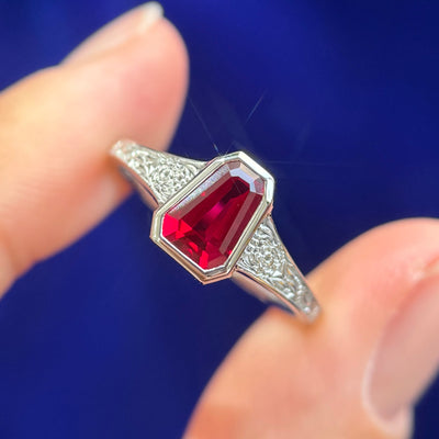 10k Nickel-free White Gold and Low-bezel-set Custom-cut Coffin Shape 8x6mm Lab Ruby on Cathedral Tapered Chrysanthemum Engraved 4-2mm Band Custom Ring, size 7.5