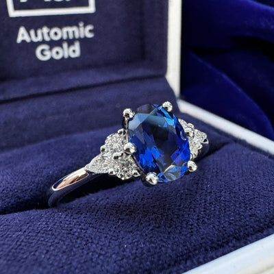 14k White Gold Six-round prongs-set 8x6mm Oval Lab Sapphire w/ 4pc 2mm Round & 2pc 3x1.5mm Marquise Lab Diamonds on 2mm Curvy Band Custom Ring