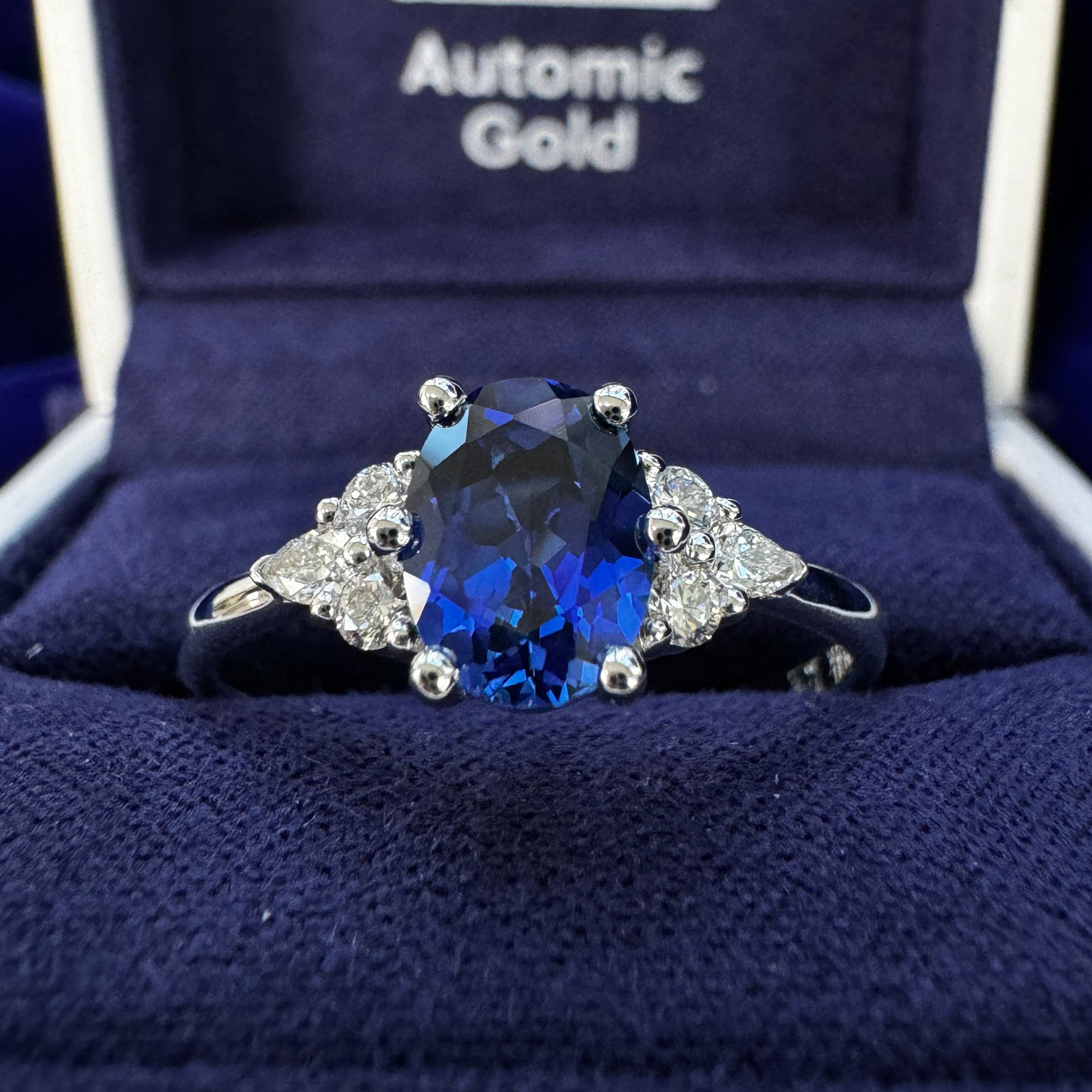 14k White Gold Six-round prongs-set 8x6mm Oval Lab Sapphire w/ 4pc 2mm Round & 2pc 3x1.5mm Marquise Lab Diamonds on 2mm Curvy Band Custom Ring