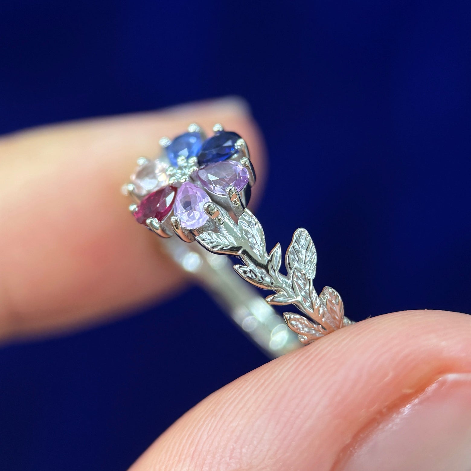 14k Champagne Gold & 3pc Pear Pink Lab Sapphires & 3pc Pear beige-pink Lab Sapphires & Round Lab Diamond on Leaves Band Custom Ring, size 7