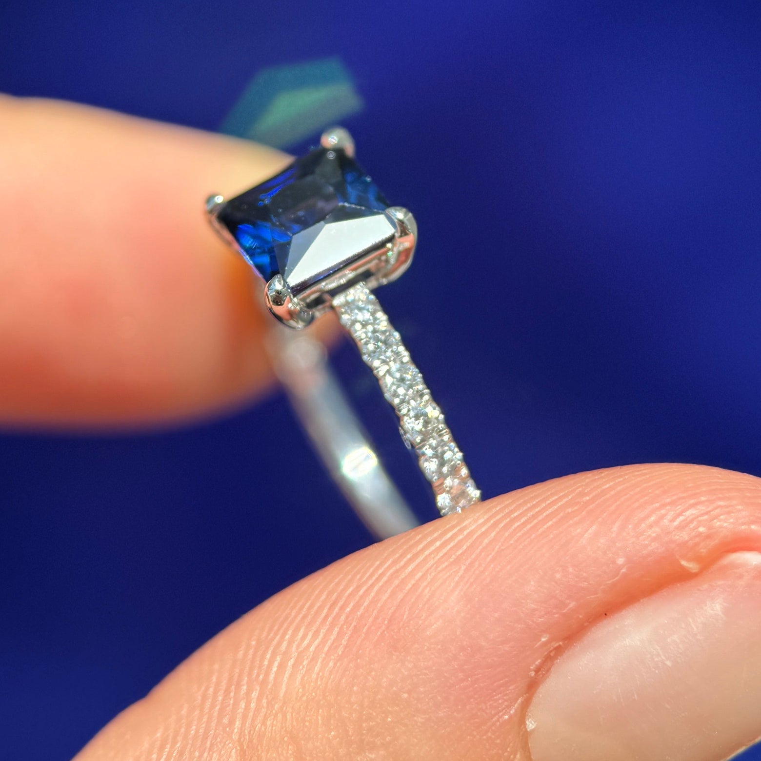 14k White gold with 1ct 6mm Princess Dark Blue Lab Sapphire with Pave Lab Diamonds Band Custom Ring, size 7.5