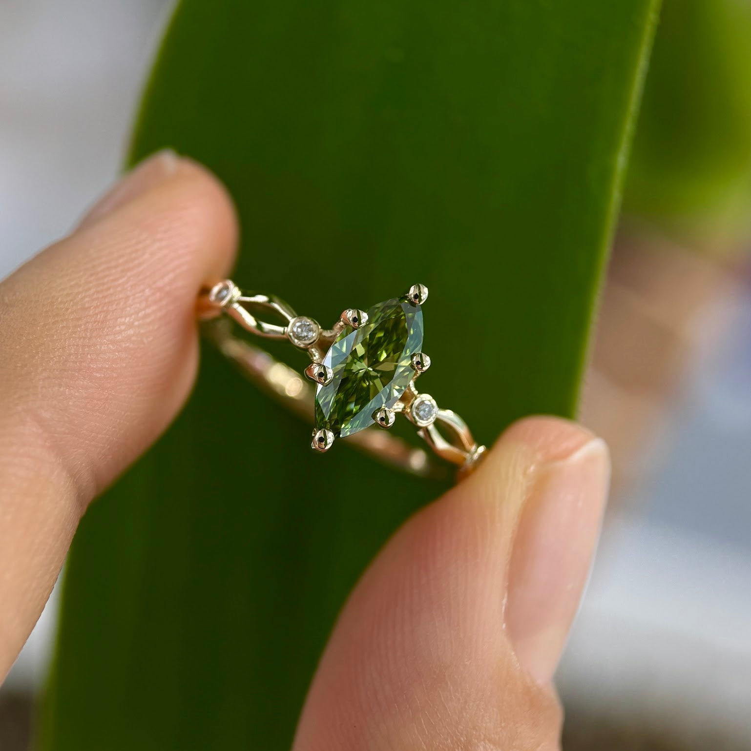 14k Yellow Gold V Prongs Set Marquise Light Green Lab Diamond with Lab Diamonds Custom Engagement Ring