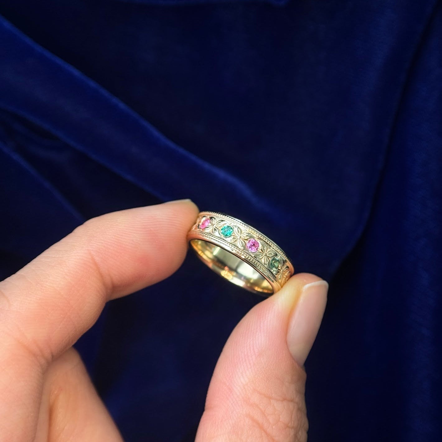 14k Yellow Gold Sapphires and Emerald on 6mm Flowers Milgrain Pattern Custom Ring