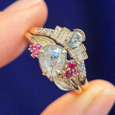 14k Yellow Gold and 1.03ct Light Grey Pear Salt and Pepper Diamond with 6pc Ruby Cluster on Leaves Band Custom Engagement and Wedding Band Rings Set, Size 7.75