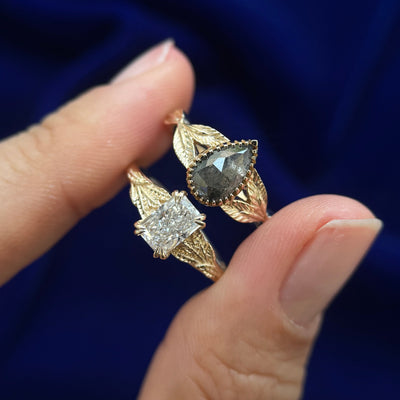 14k Yellow Gold Prongs-set 0.8ct Radiant Lab Diamond and Pear Salt and pepper diamond on Tapered Leaves Bands Custom Rings, Size 6.25 and 5.25