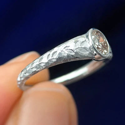 14k White Gold Oval Natural Diamond on Textured Tapered Band Custom Ring