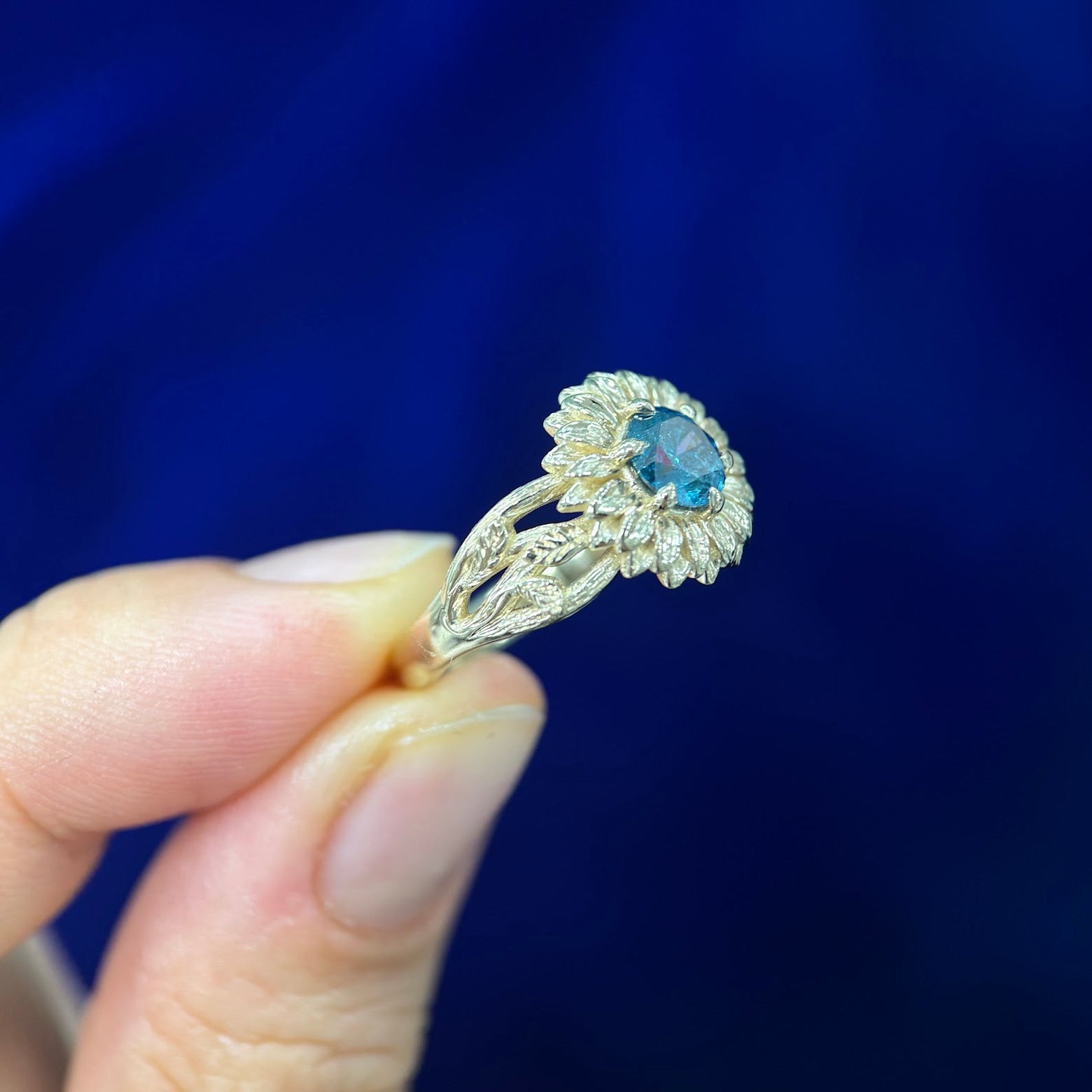 14k Yellow Gold Round Blue Diamond with Rounded Petals on Tapered Branches and Leaves Band Custom Engagement Ring