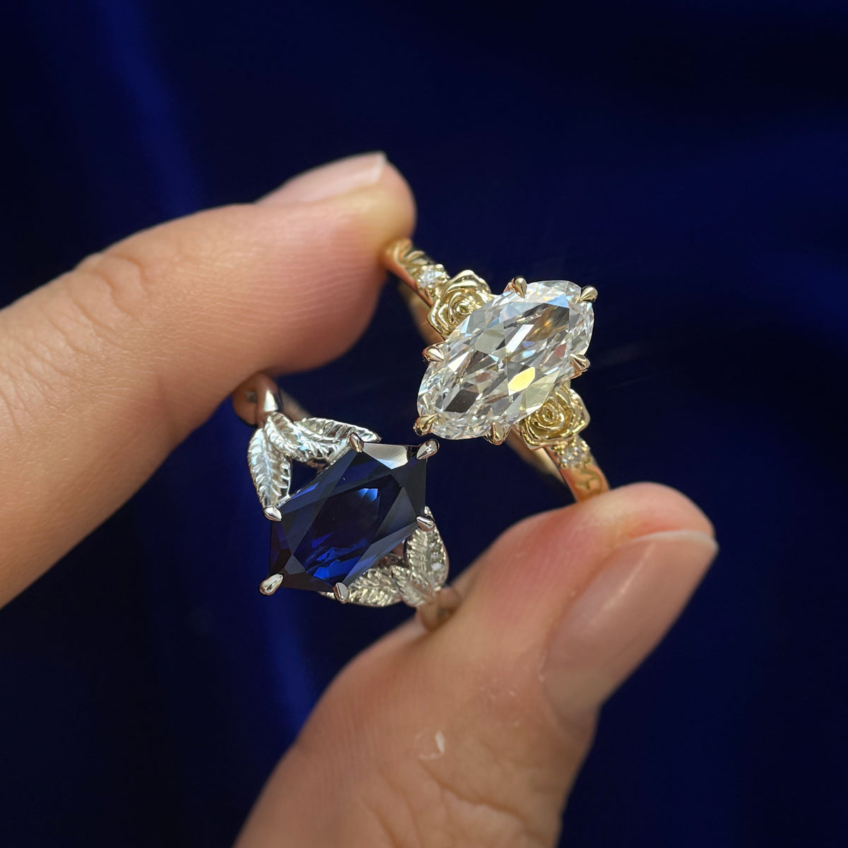 18k Yellow Gold with 2ct Moval Old-mine Lab Diamond and 950 Platinum with 1.5ct Elongated Hexagon Lab Sapphire Floral Couple Custom Rings Set, size 8.5 and 8